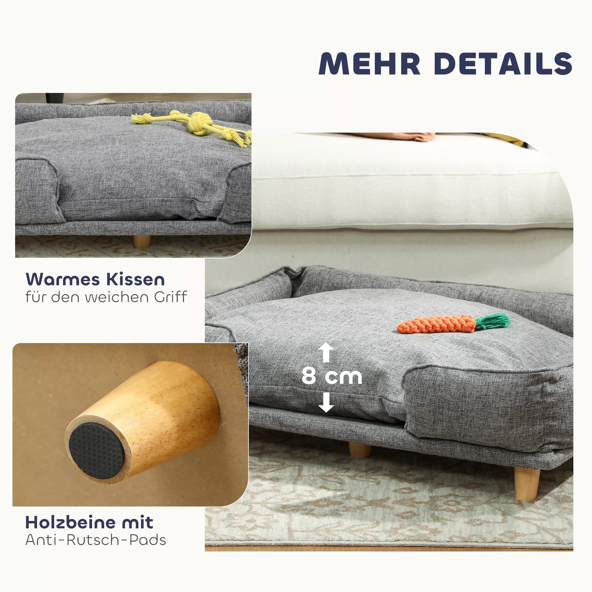 Šunų sofa, naminių gyvūnėlių sofa, naminių gyvūnėlių lova, nuimamas ir skalbiamas čiužinys, Natūralus + Tamsiai pilkas