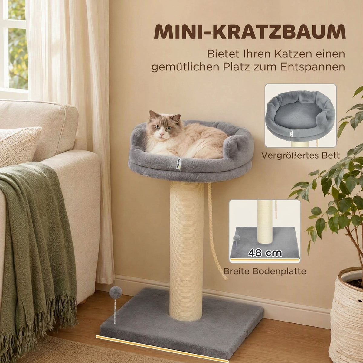 Draskyklė 83 cm su guoliu, sizalio stulpu ir žaislu, katėms iki 6 kg, 55x55 cm, pilka