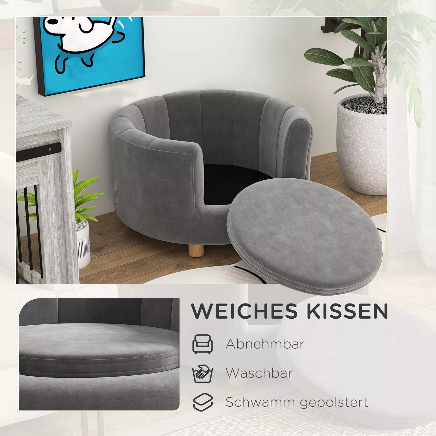 Lova augintiniams šunims ir katėms, medinės kojelės, paaukštinta, flanelinis užvalkalas, nuimama pagalvėlė, pilka