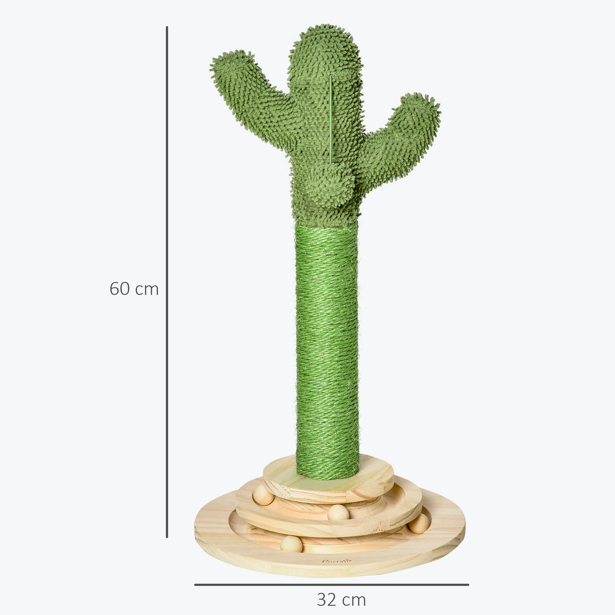Draskyklė kaktusas 60 cm su kabančiu kamuoliuku, pušies mediena ir sizalis, katėms iki 5 kg, žalia