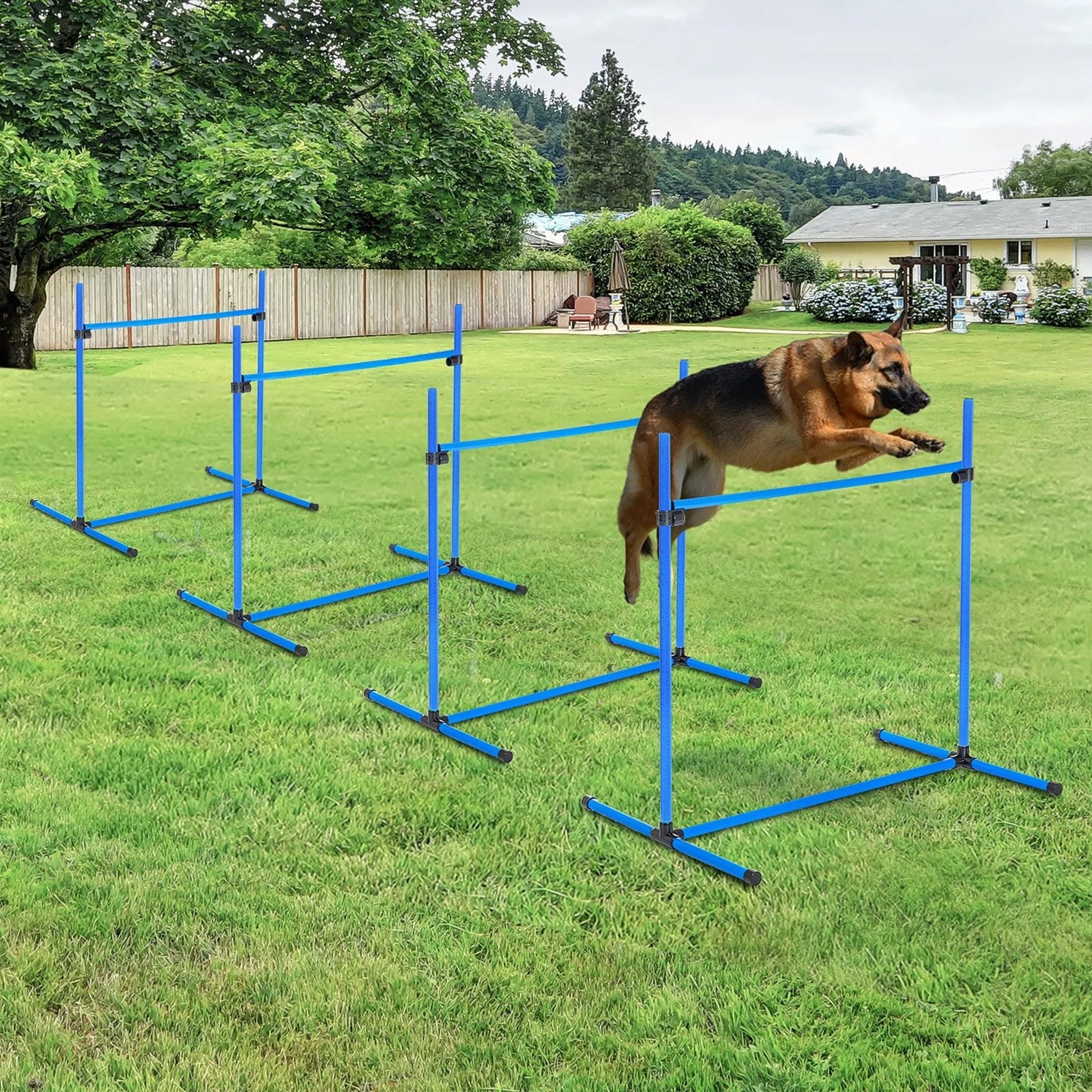 Šunų Agility Rinkinys, 4 dalys, reguliuojamo aukščio. Agility įranga, šuolių kartelių rinkinys, su 4 kliūtimis, su nešiojimo krepšiu. Koordinacijos treniruotėms, šuolių kartelių rinkinys žaidimams ir treniruotėms.