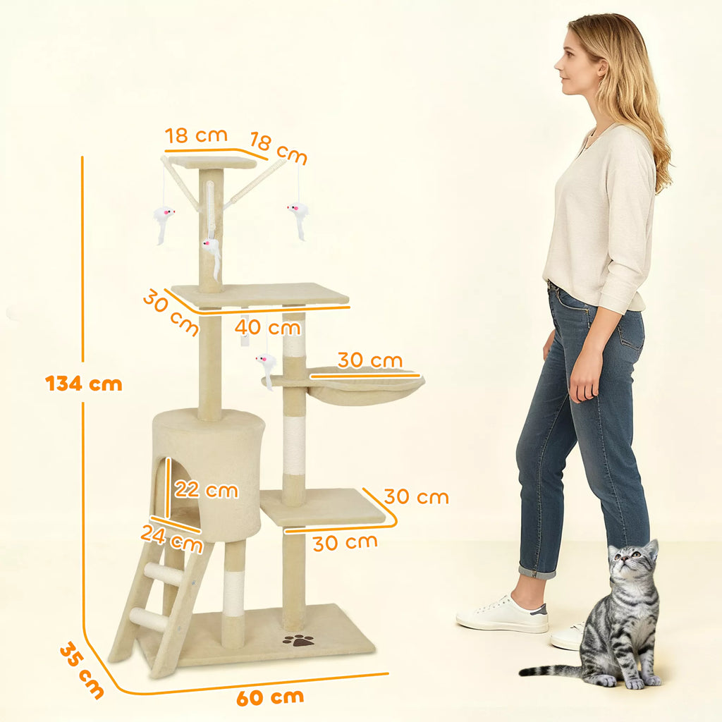 Draskyklė katėms su nameliu, daugiafunkcis laipiojimo bokštas iki 5 kg svorio katėms su žaislais, mdp, sisalis ir pliušas, 48x34x108 cm, smėlio spalva