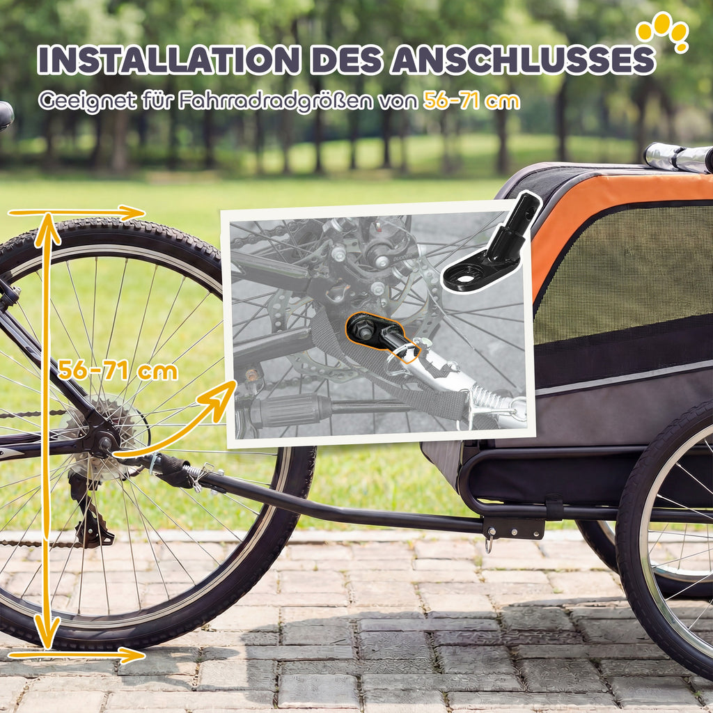 Dviračio priekaba šunims iki 20 kg, sulankstoma, su atšvaitais ir vėliavėle, 127,5x57,5x75,5 cm, oranžinė