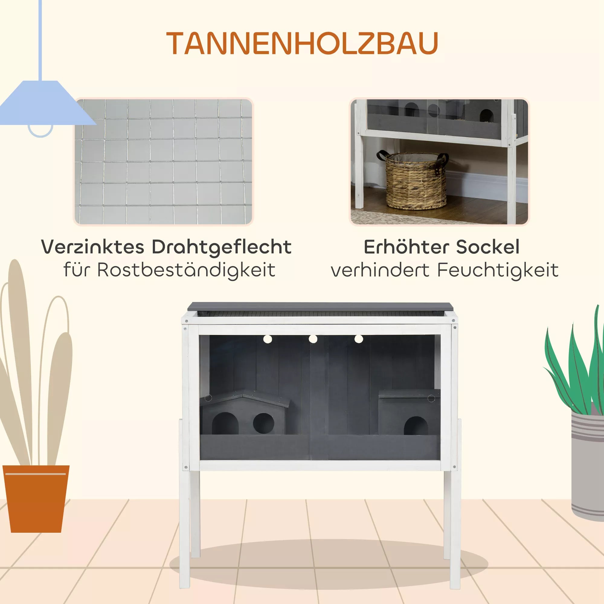 Hamsterio narvas, 3000 cm² nykštukinių žiurkėnų narvas iš medžio ir metalo, su 2 nameliais, akrilo stumdomomis durimis, stabilus, saugus, Pilka+Balta