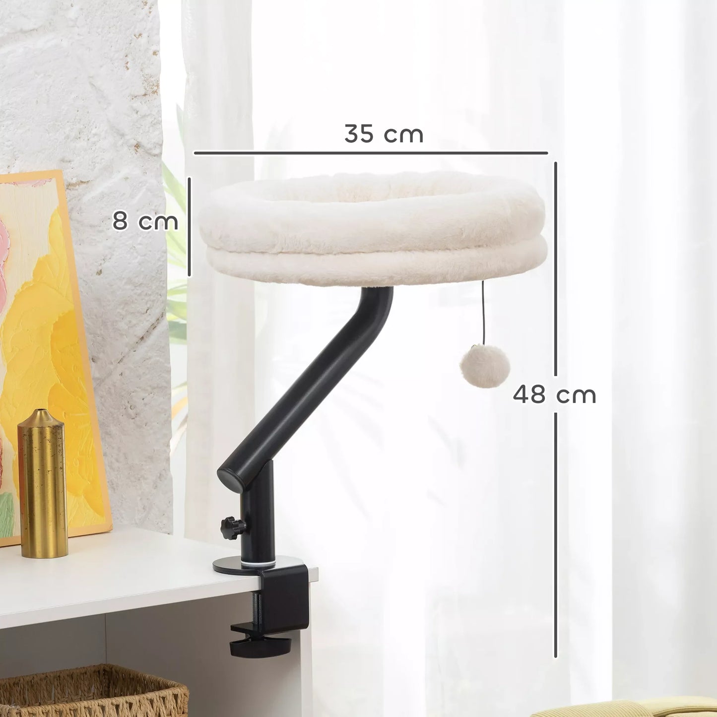 Kaķu gulta pie rakstāmgalda, kaķu gulta pie rakstāmgalda ar 360° rotāciju, regulējams augstums, kaķu gulta ar noņemamu, veļas mašīnā mazgājamu spilvenu, kaķiem līdz 6 kg, mājas birojam, krēmbalta