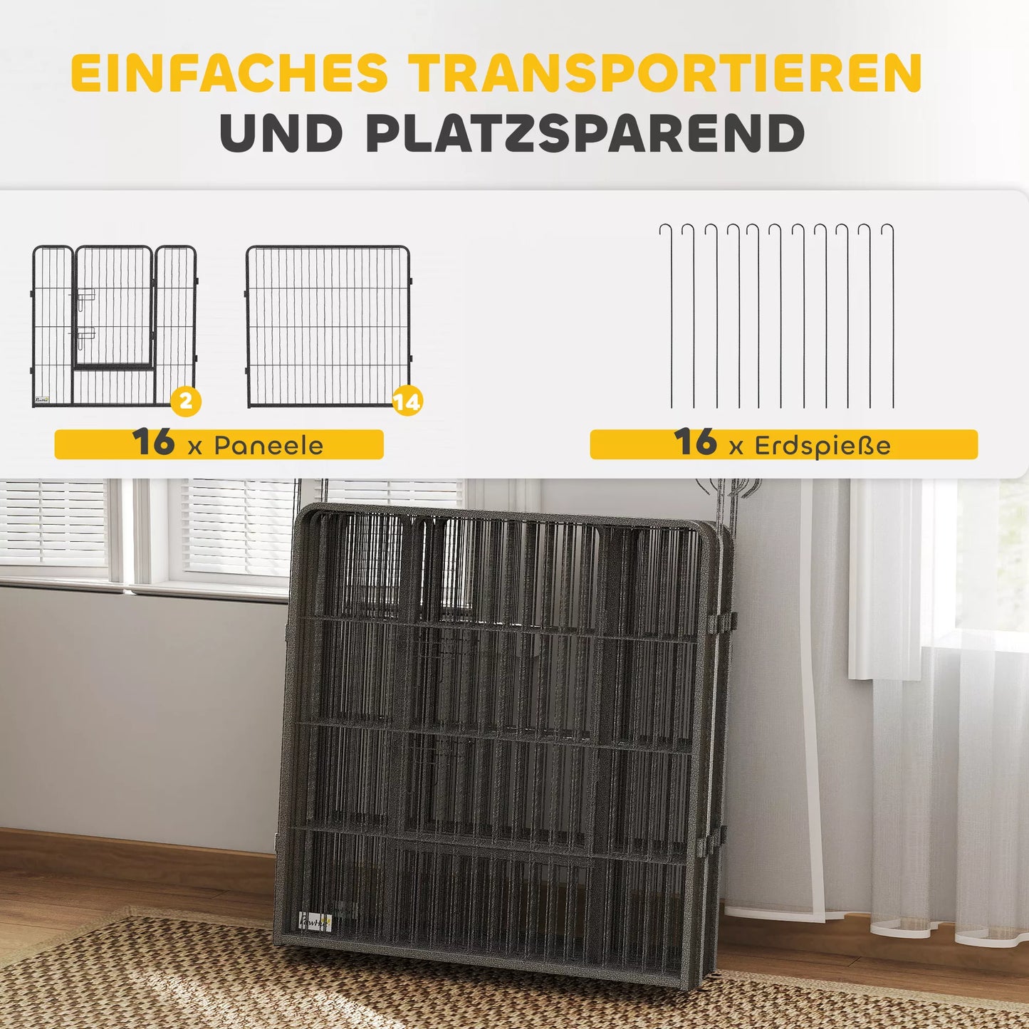 Šuniukų aptvaras, 16 dalių sulankstomas su durelėmis, metalas, 3,2x3,2x0,8 m, pilkas