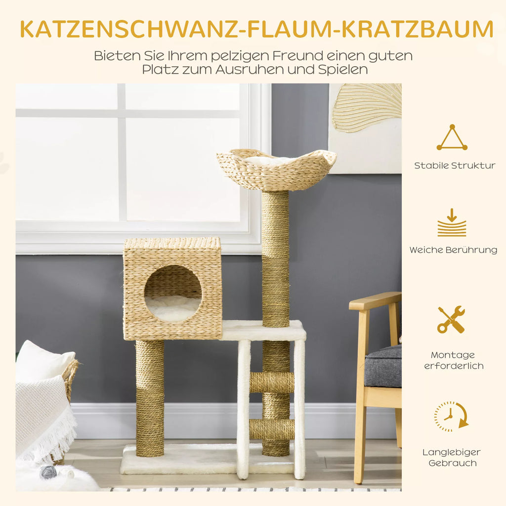 Kaķu skrāpējamais stabs ar mājiņu, sizala skrāpējamie stabi, mazgājami spilveni, 100,5 cm augstums x 57 cm platums x 37 cm dziļums, balts/dabīgs