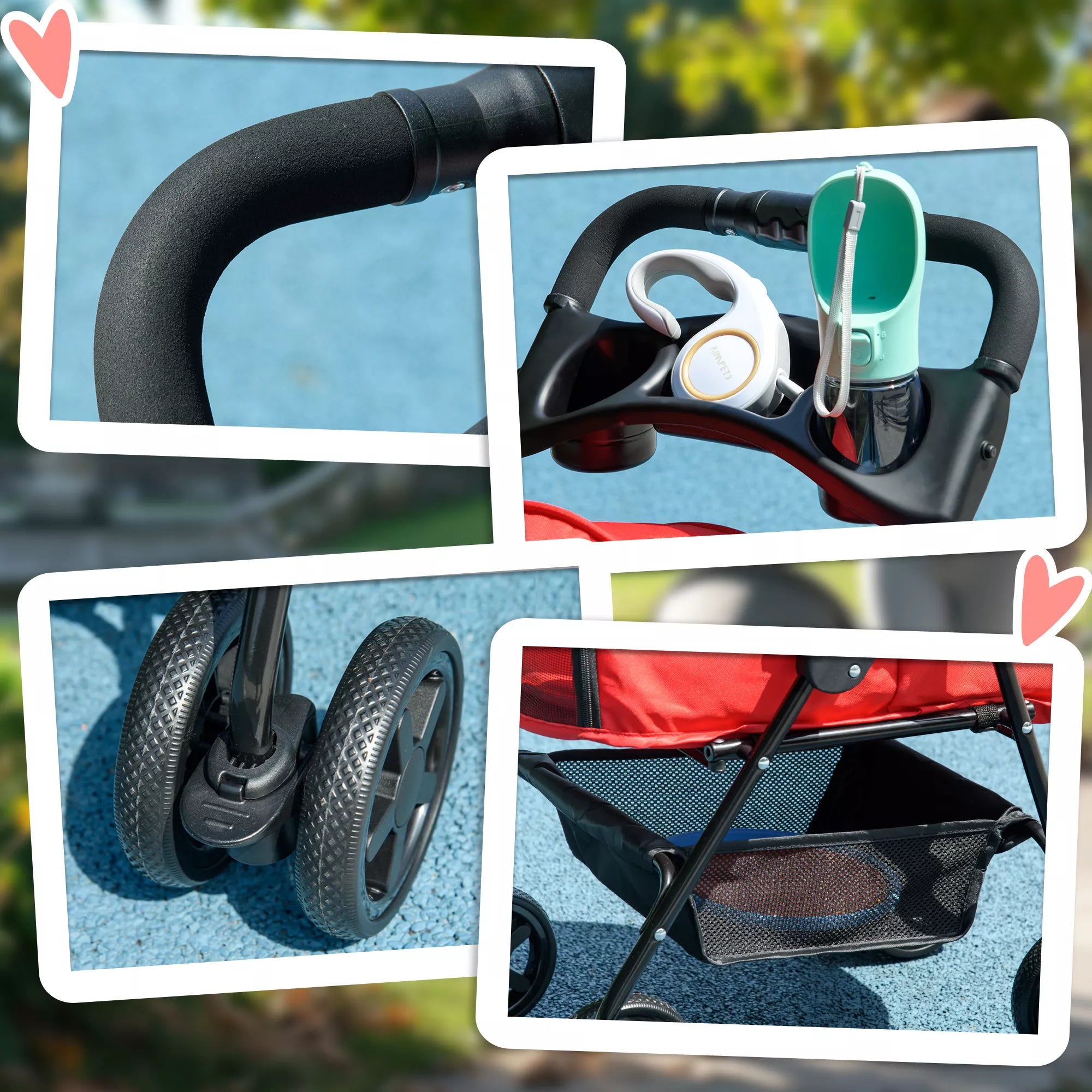 Salokāmi suņu ratiņi līdz 4 kg, ar sieta logu, apakšējo grozu, krūzīšu turētāju, noņemamu jumtiņu, sarkani, 67 x 45 x 96 cm