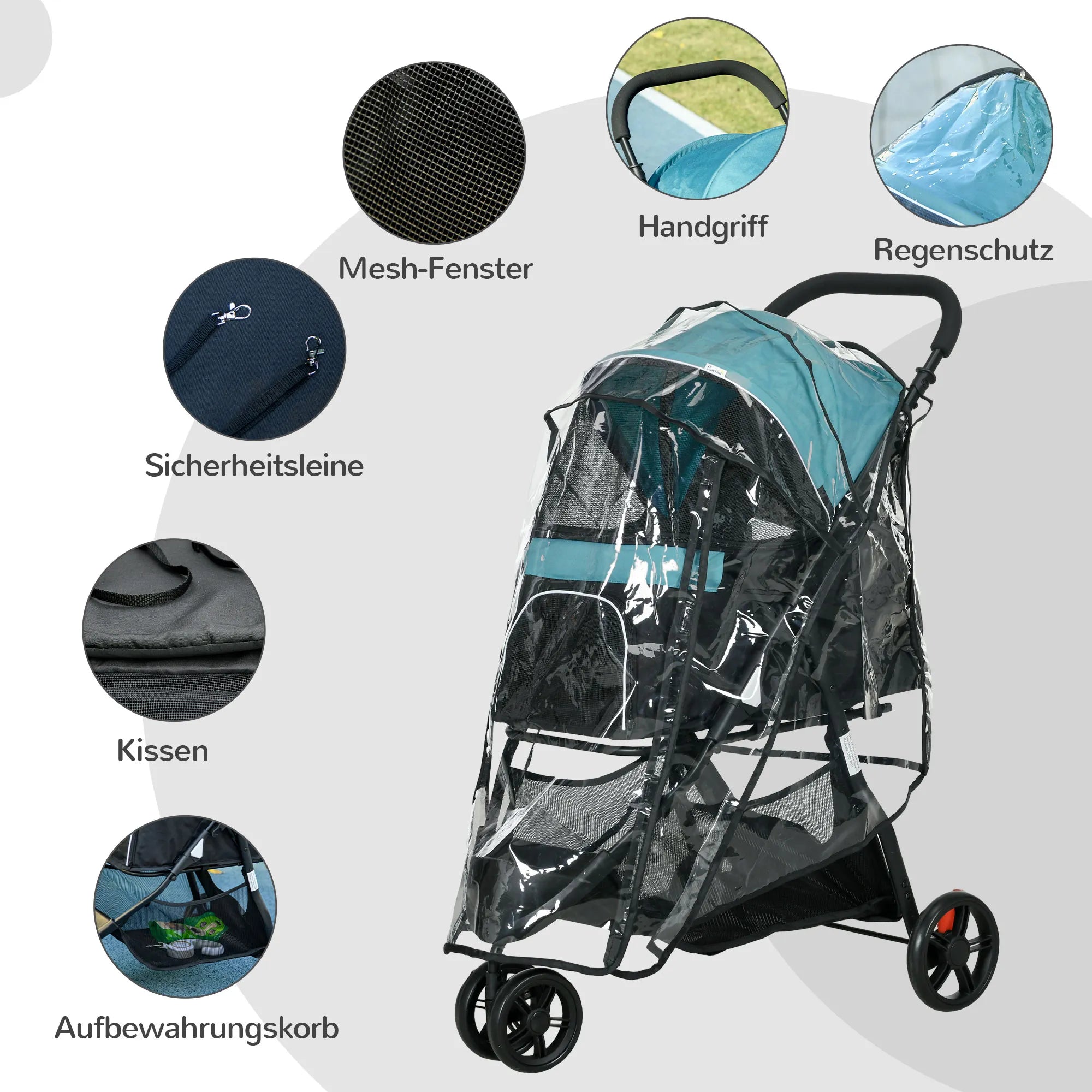 Vežimėlis augintiniams iki 10kg, sulankstomas, su saugos diržu, rankena, apsauga nuo lietaus, laikymo krepšiu. Mėlynas + Juodas