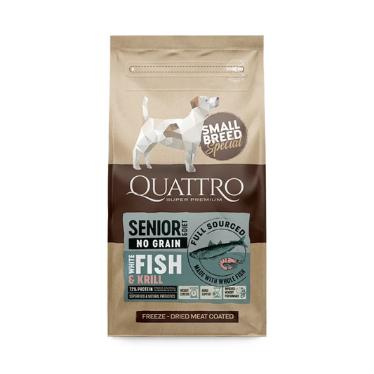 Quattro SB sausas seniems/dietinis mažų veislių šunims pašaras su balta žuvimi ir kriliu