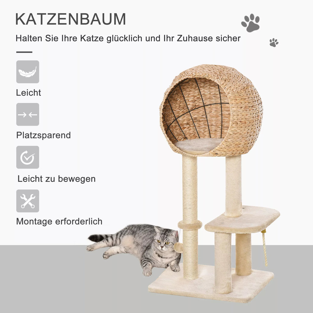 Kaķu māja 100 cm, kaķu tornis ar alu, rotaļu bumba, sizala stabi, platforma, daudzstāvu kaķu skrāpēšanas koks, kāpšanas koks, vidēja lieluma kaķiem, bēša