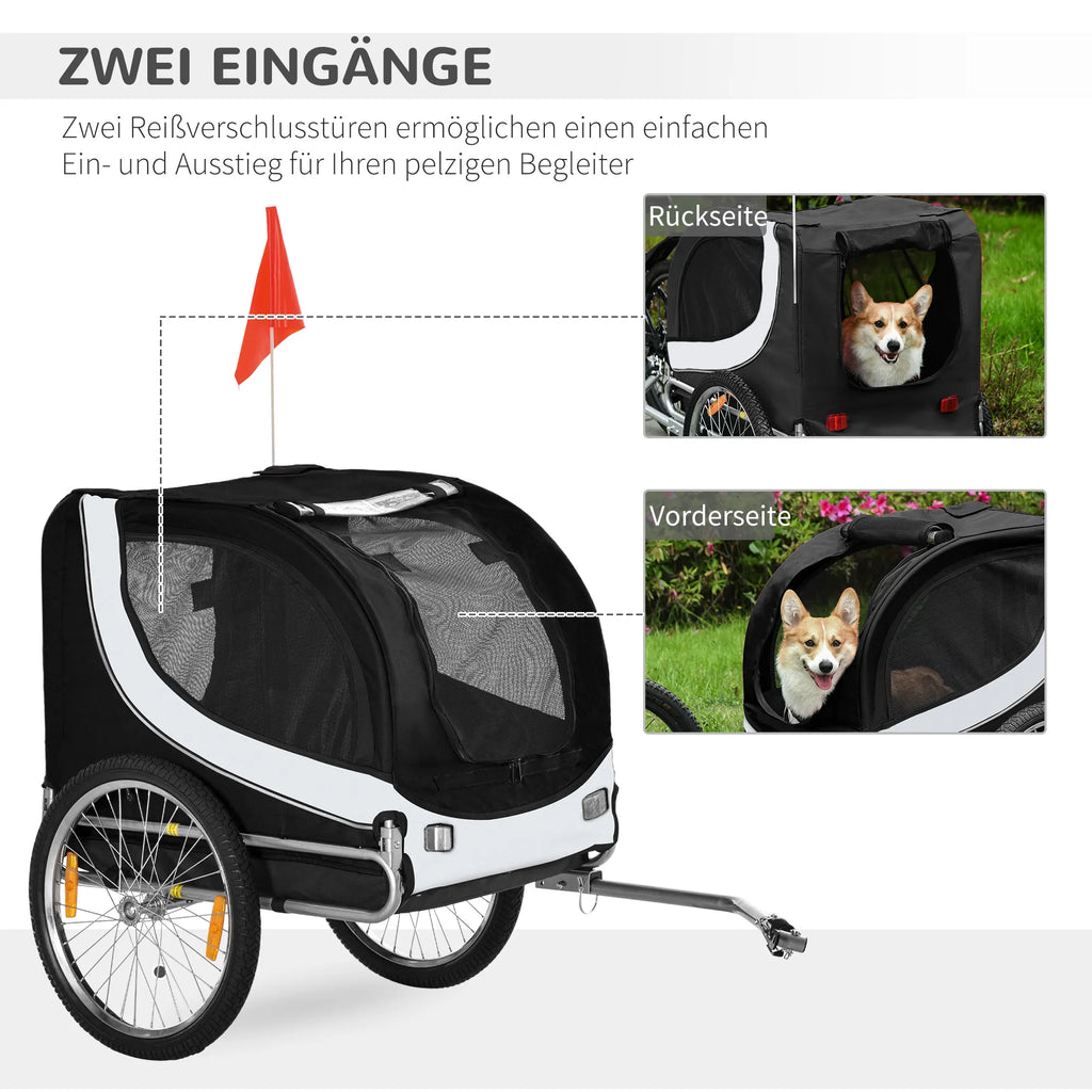 Dviračio priekaba šunims iki 20kg, tinklelio langas, suvyniojama danga, universali jungtis Balta+Juoda