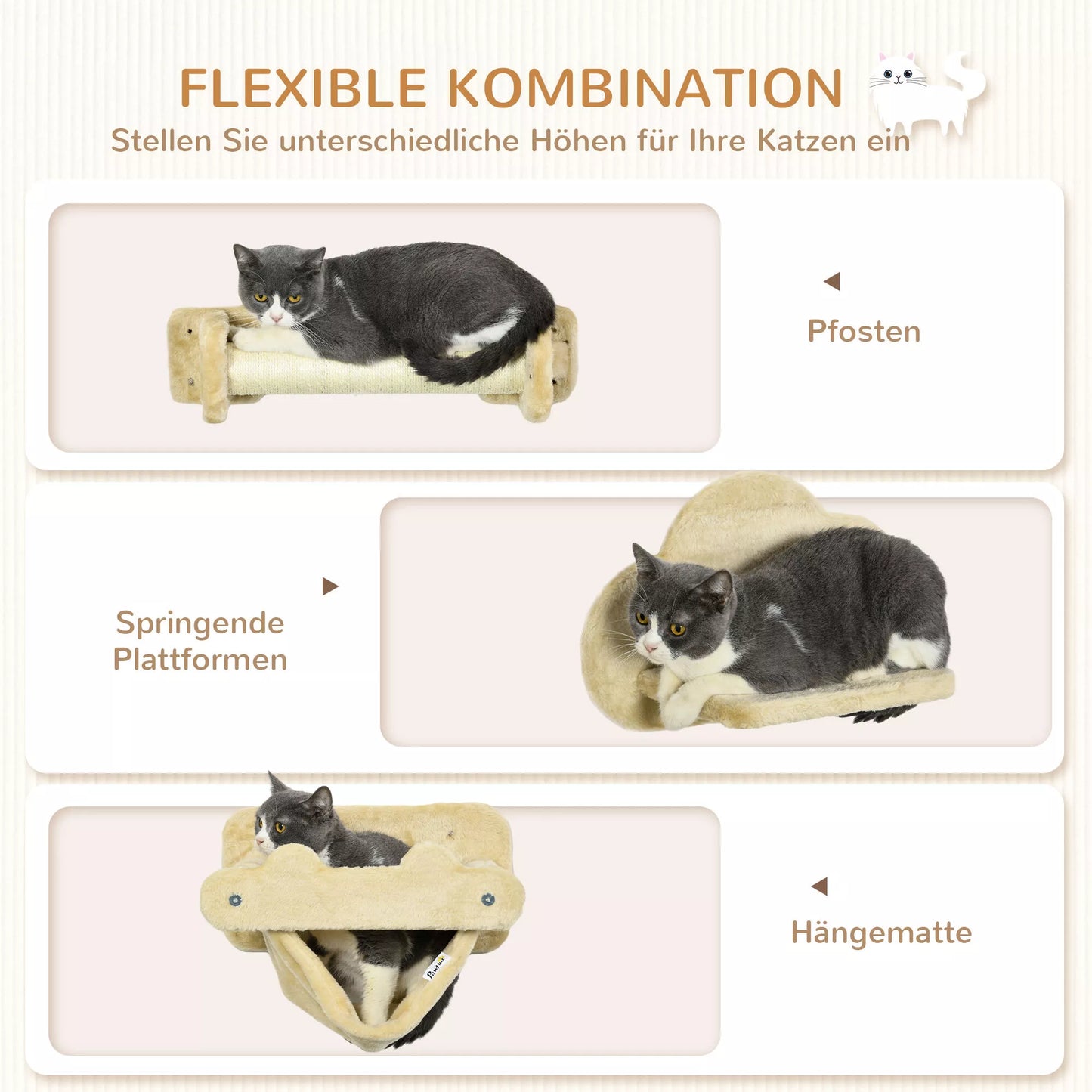 Kačių laipteliai, 5 dalių komplektas, 2 draskyklės, 2 plokštumos su pliušiniu apmušalu, hamakas, smėlio spalvos