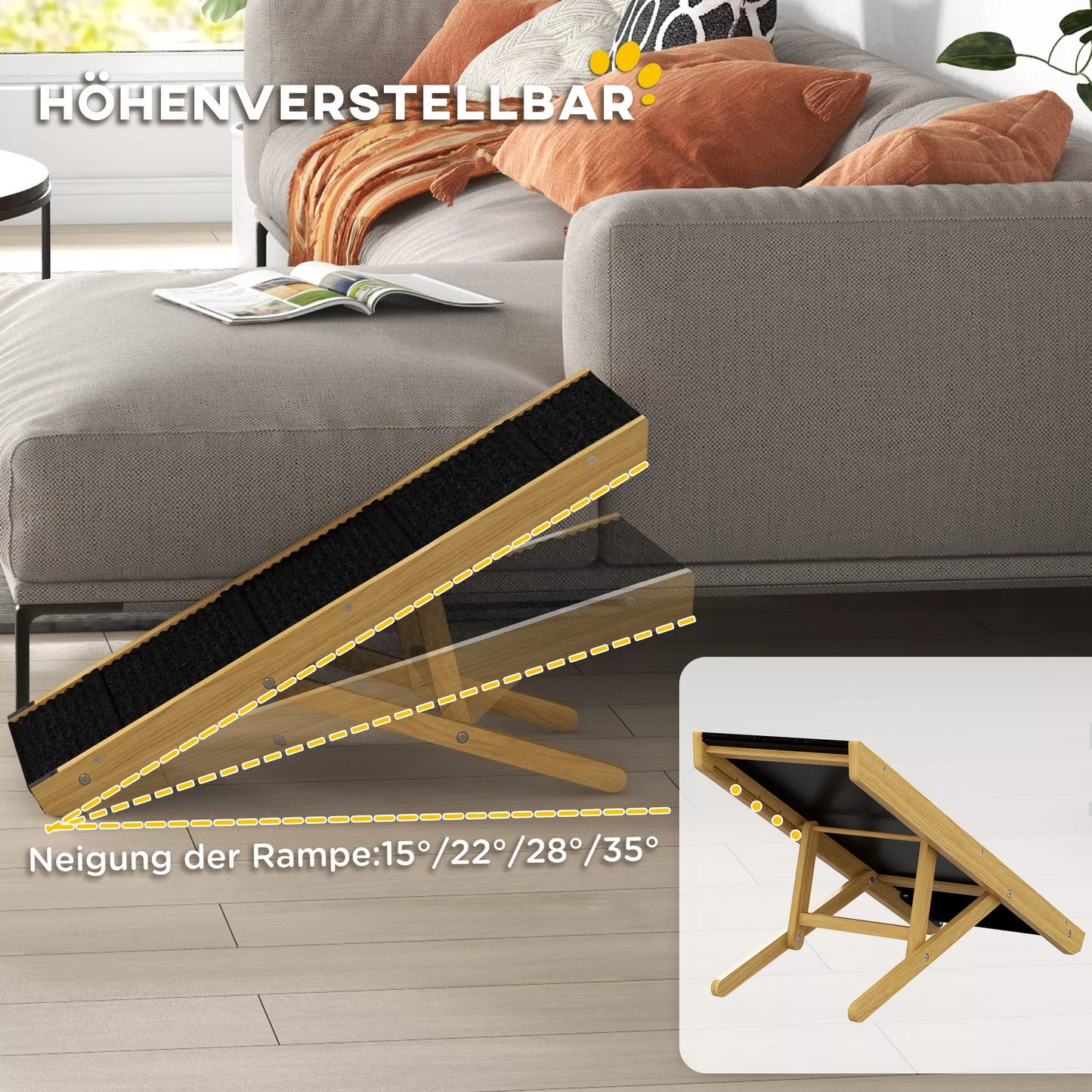 Naminių gyvūnų rampa, reguliuojama, 4 pakopos, neslidži, pušies medžio, sulankstoma, skirta šunims iki 15 kg