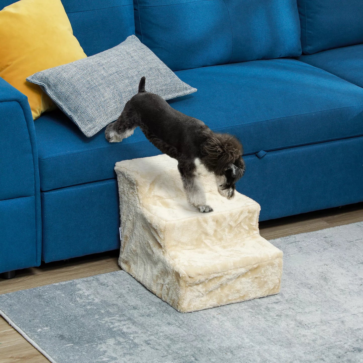 Sulankstomi 3 pakopų laipteliai gyvūnėliams, su plaunamu pliušiniu užvalkalu, iš medžio drožlių plokštės, 46 x 35 x 35 cm, smėlio spalvos