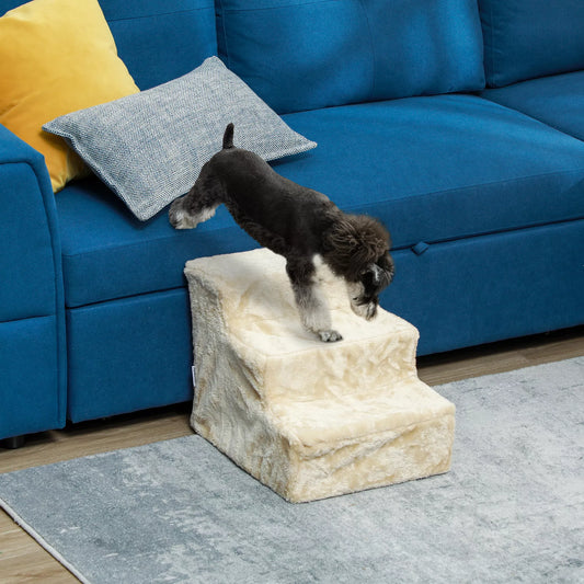 Sulankstomi 3 pakopų laipteliai gyvūnėliams, su plaunamu pliušiniu užvalkalu, iš medžio drožlių plokštės, 46 x 35 x 35 cm, smėlio spalvos