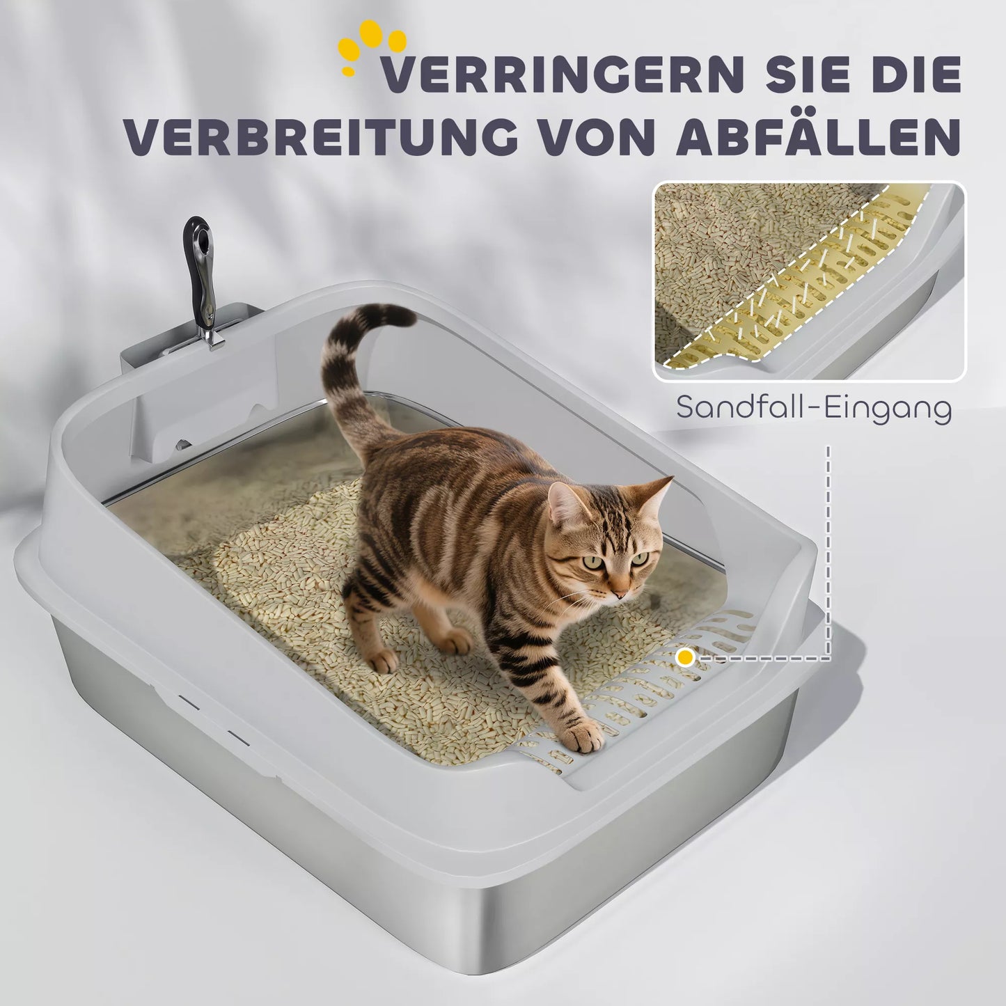 Katės tualetas iš nerūdijančio plieno, atviras katės tualetas su aukštu kraštu ir kastuvu, skirtas didelėms katėms iki 12 kg 69,8 x 50,3 x 29,8 cm Pilkas