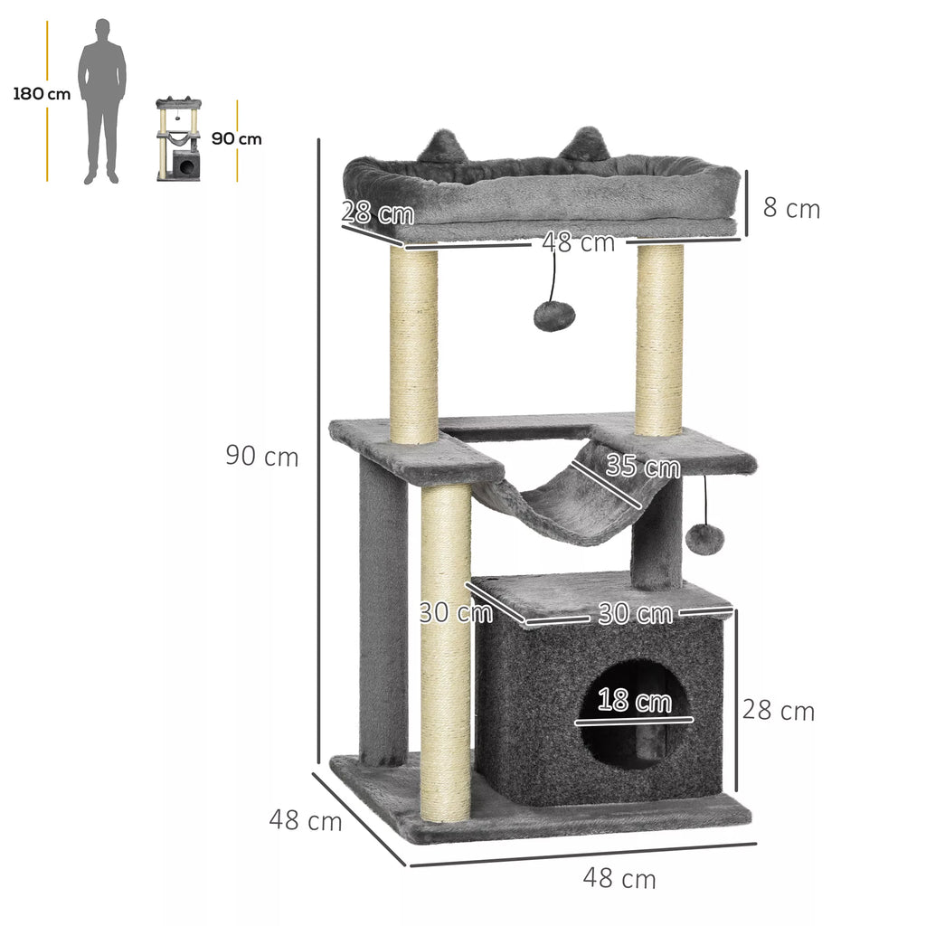 Kaķu koks 90 cm, ar šūpuļtīklu, rotaļu koks, kaķu gulta, platformas, kāpšanas koks, kaķu skrāpējamais kaste, aktivitāšu skrāpējamais kaste, plīša, sizala, pelēks