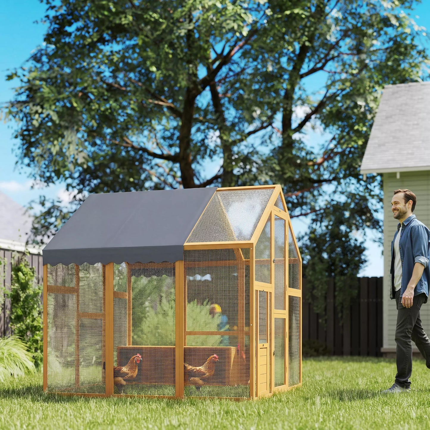 Vištidė 3,07 m² Laisvai vaikščiojanti aptvaras iš medžio su neperšlampamu audiniu, saugumo spyna, 6–8 vištoms 1,7 x 1,8 x 1,8 m