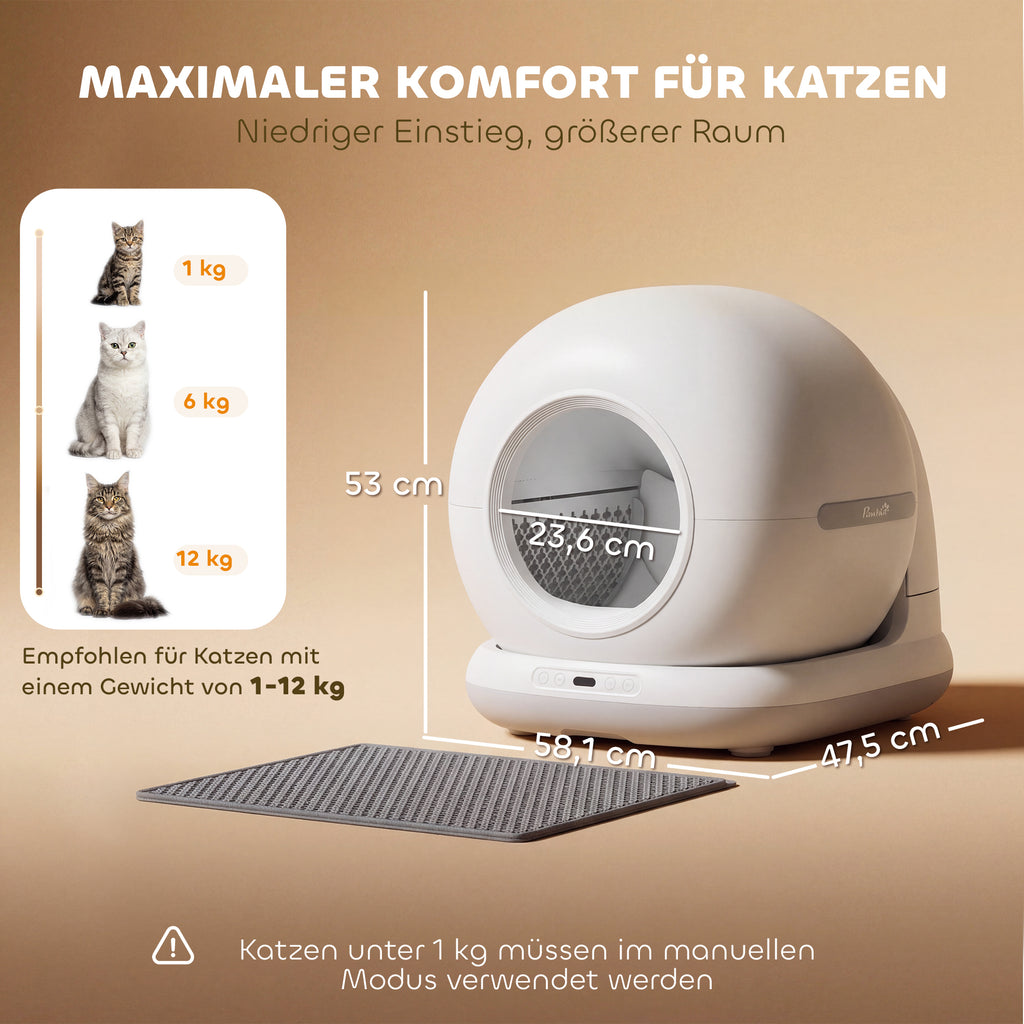 Savaime išsivalanti kraiko dėžė katėms 72 l, su kamera ir valdymu programėle, katėms 1–12 kg, balta