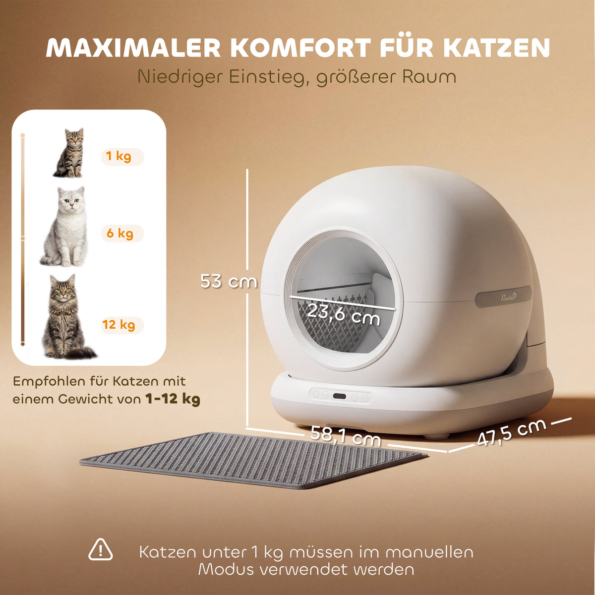 Savaime išsivalanti kraiko dėžė katėms 72 l, su kamera ir valdymu programėle, katėms 1–12 kg, balta