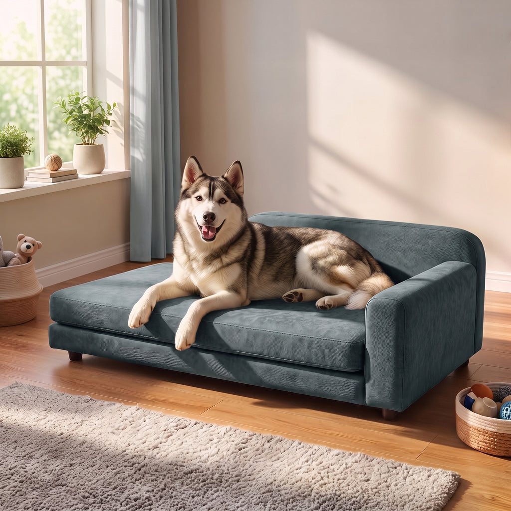 Sofa-guolis dideliems šunims su atlošu, 101x66x34,5 cm, išimama 6 cm pagalve, šunims iki 35 kg, pilka