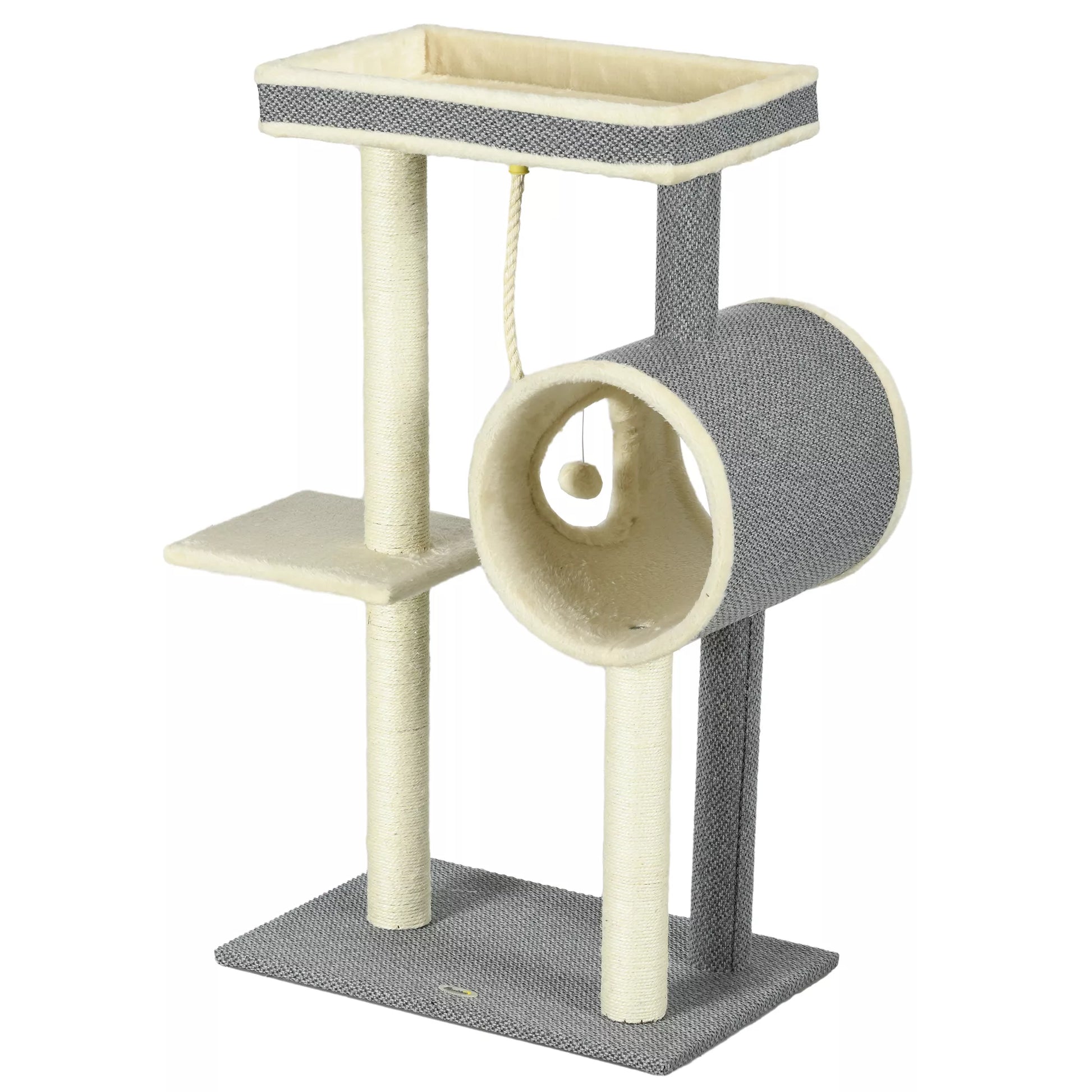 Kačių draskyklė, 1 katės urvelis, 2 gulimosios vietos, 60 cm x 40 cm x 104 cm, Pilka + Natūrali