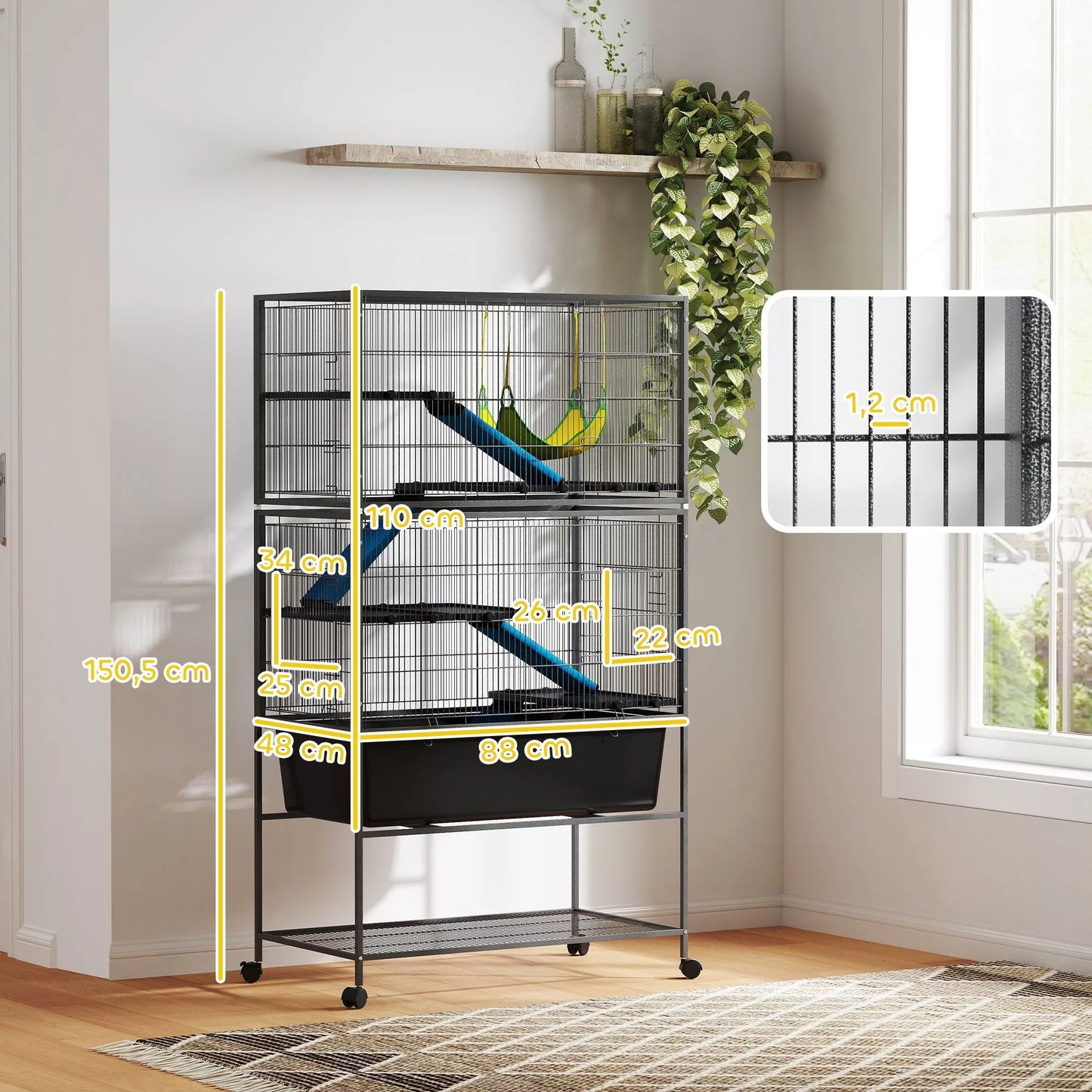 Mažų gyvūnų narvas, naminių gyvūnų narvas su 5 lygiais, neslidžios rampos, hamakas, 88 x 48 x 150,5 cm, tamsiai pilkos spalvos