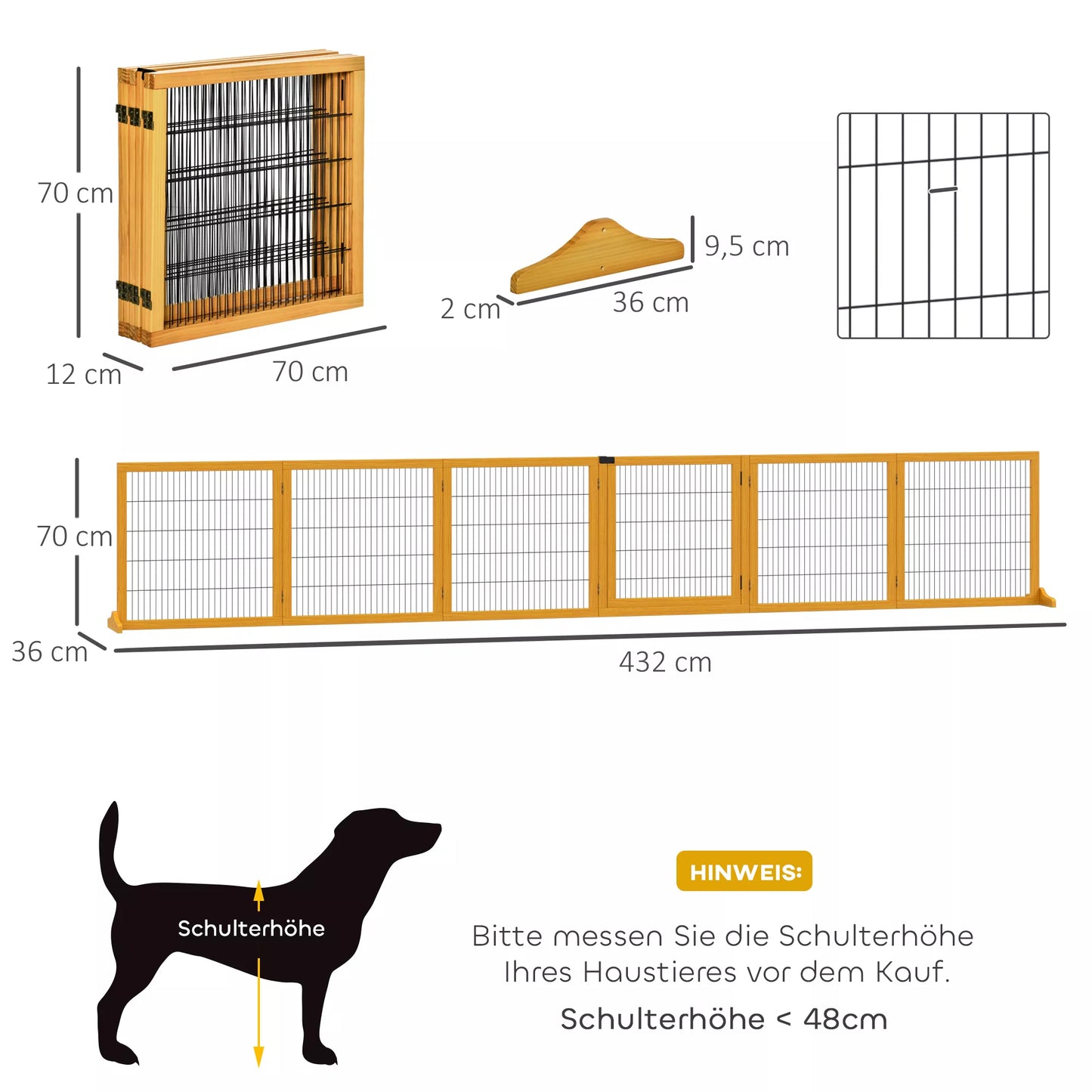 Sulankstomas aptvaras šunims, 432 x 36 x 70 cm, pušies mediena, geltonas