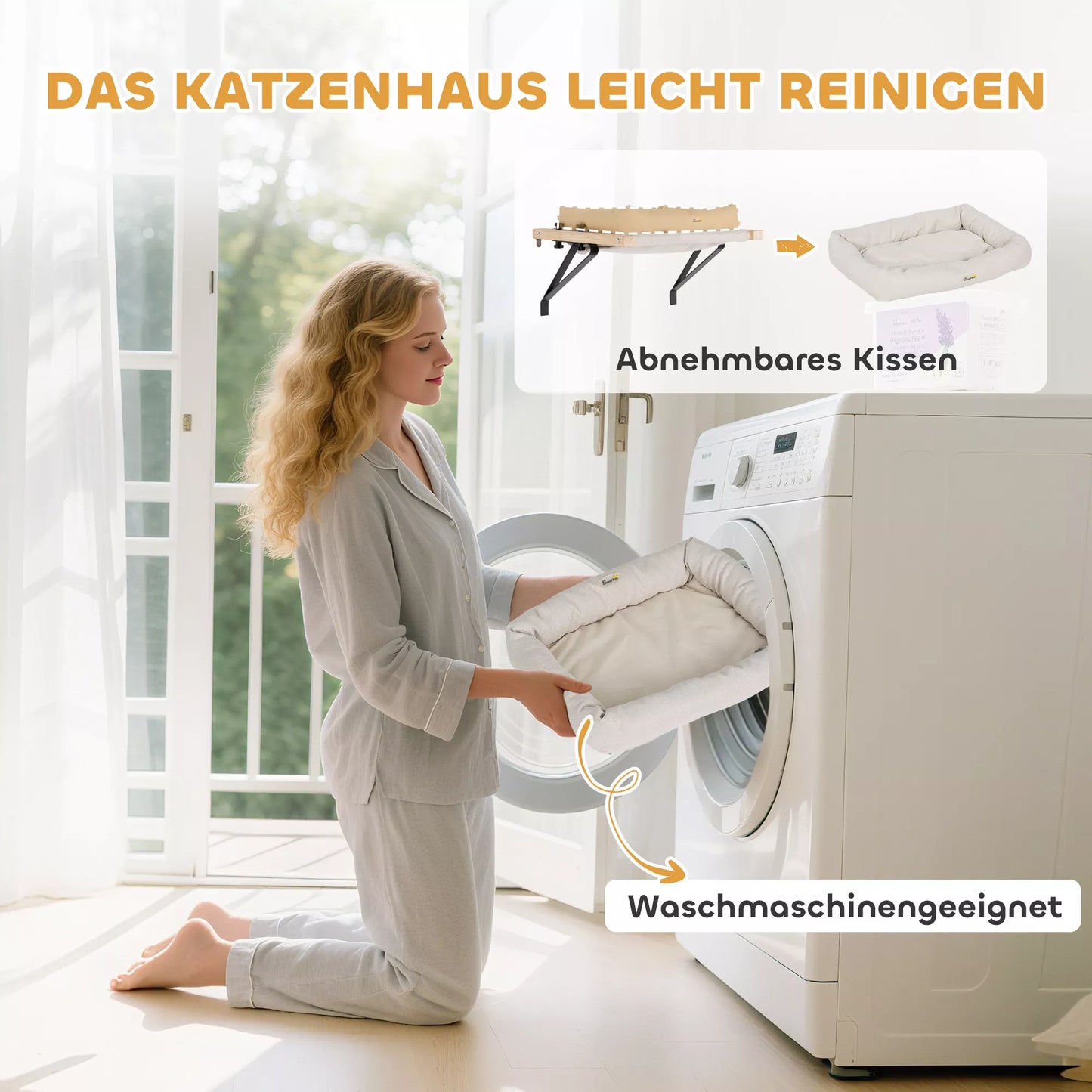 Kaķu mājiņa ar stiprinājumu uz palodzēm un radiatoriem, ar spilvenu, koka rāmis, balta