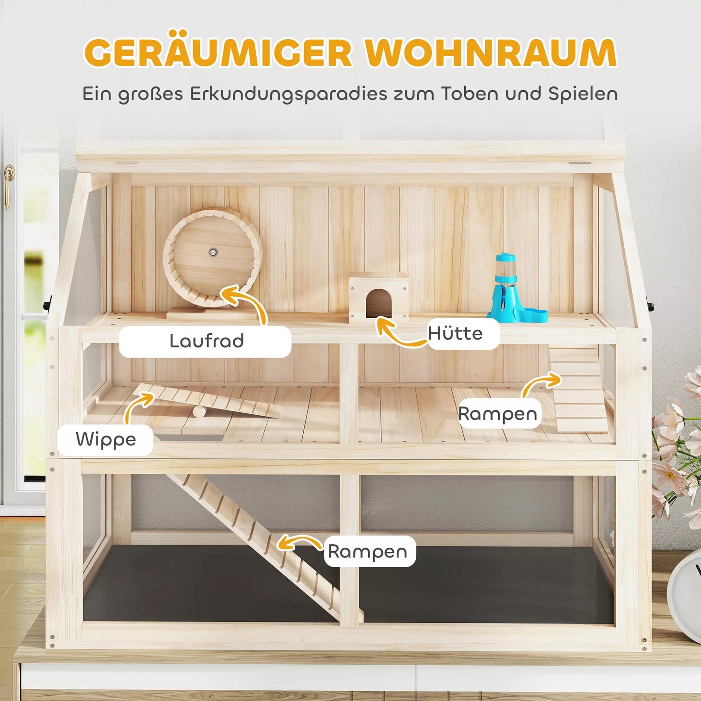 Medinis žiurkėnų narvas, 3 aukštų graužikų namelis su sūpynėmis bėgimo rateliu ir namuku, pušies mediena, 95x53x76 cm, natūrali mediena