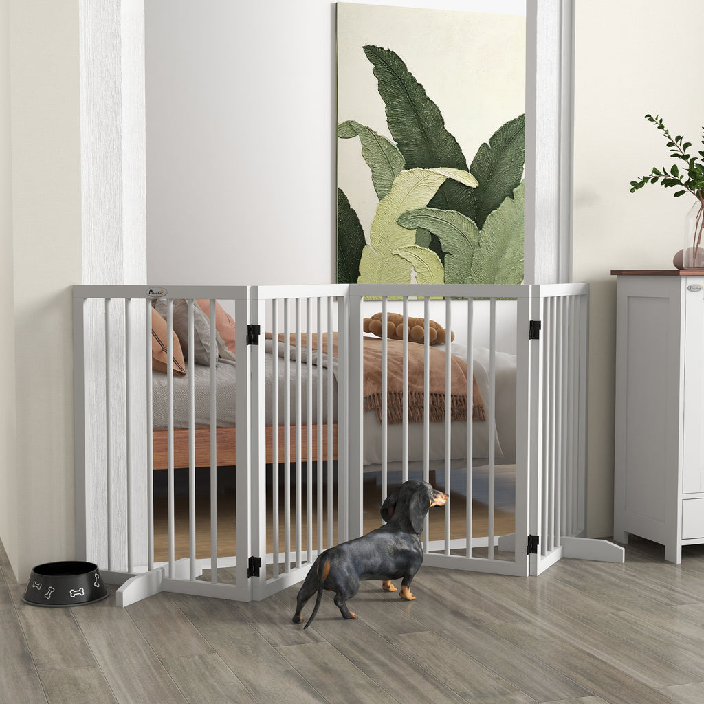 Sulankstoma pertvara šunims, 4 dalių, su atramomis, medinė, 206x35,5x76 cm, balta