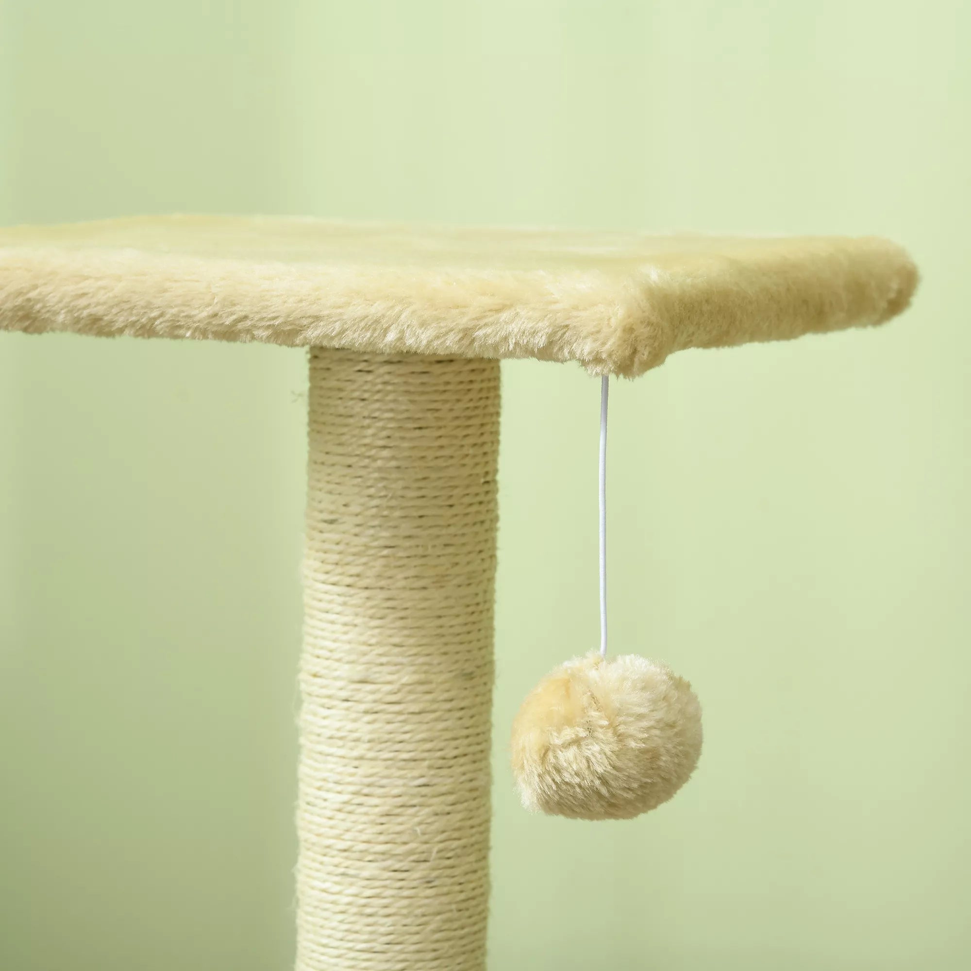 Kaķu māja 72 cm, kaķu tornis ar plīša bumbiņām, sizala stabi, platforma, skrāpējamais stabs, krēmbalts