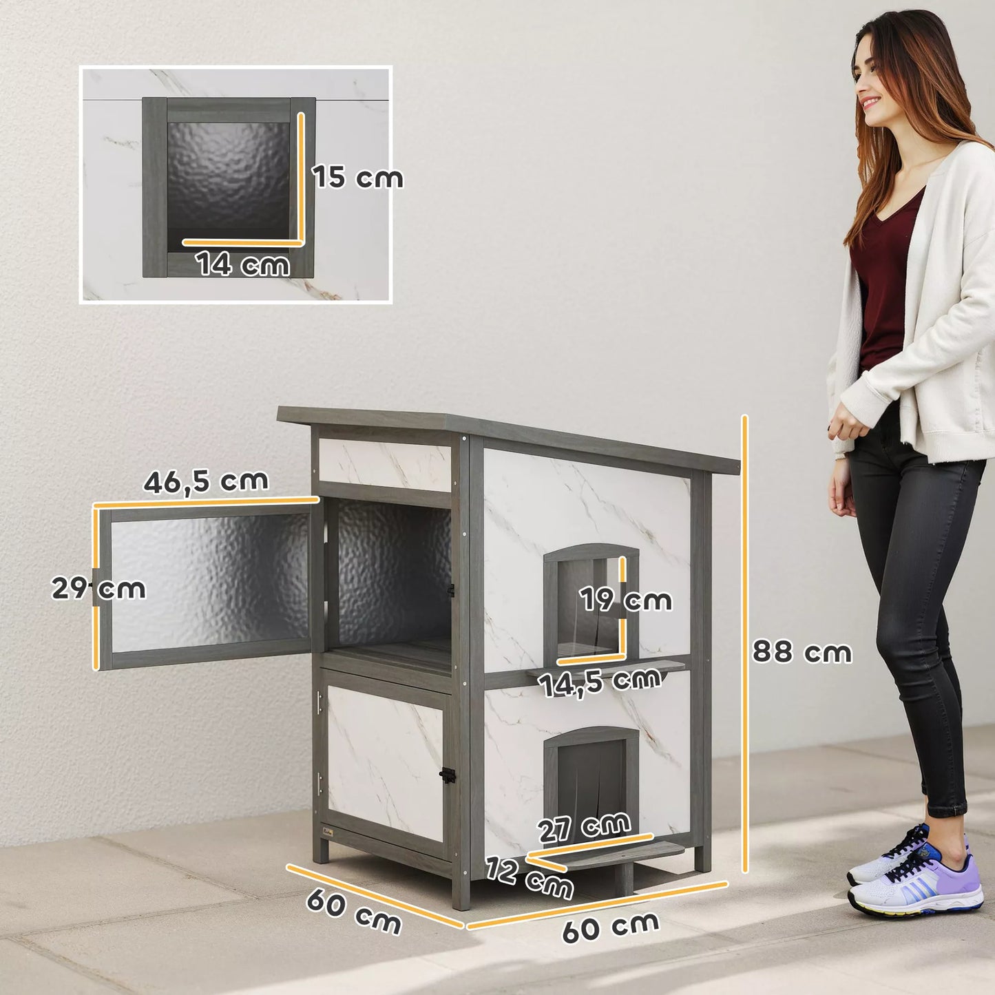 Lauko namelis katėms, medinis namelis katėms, keli įėjimai, langai, atsparus vandeniui, 60 x 60 x 88 cm, baltas