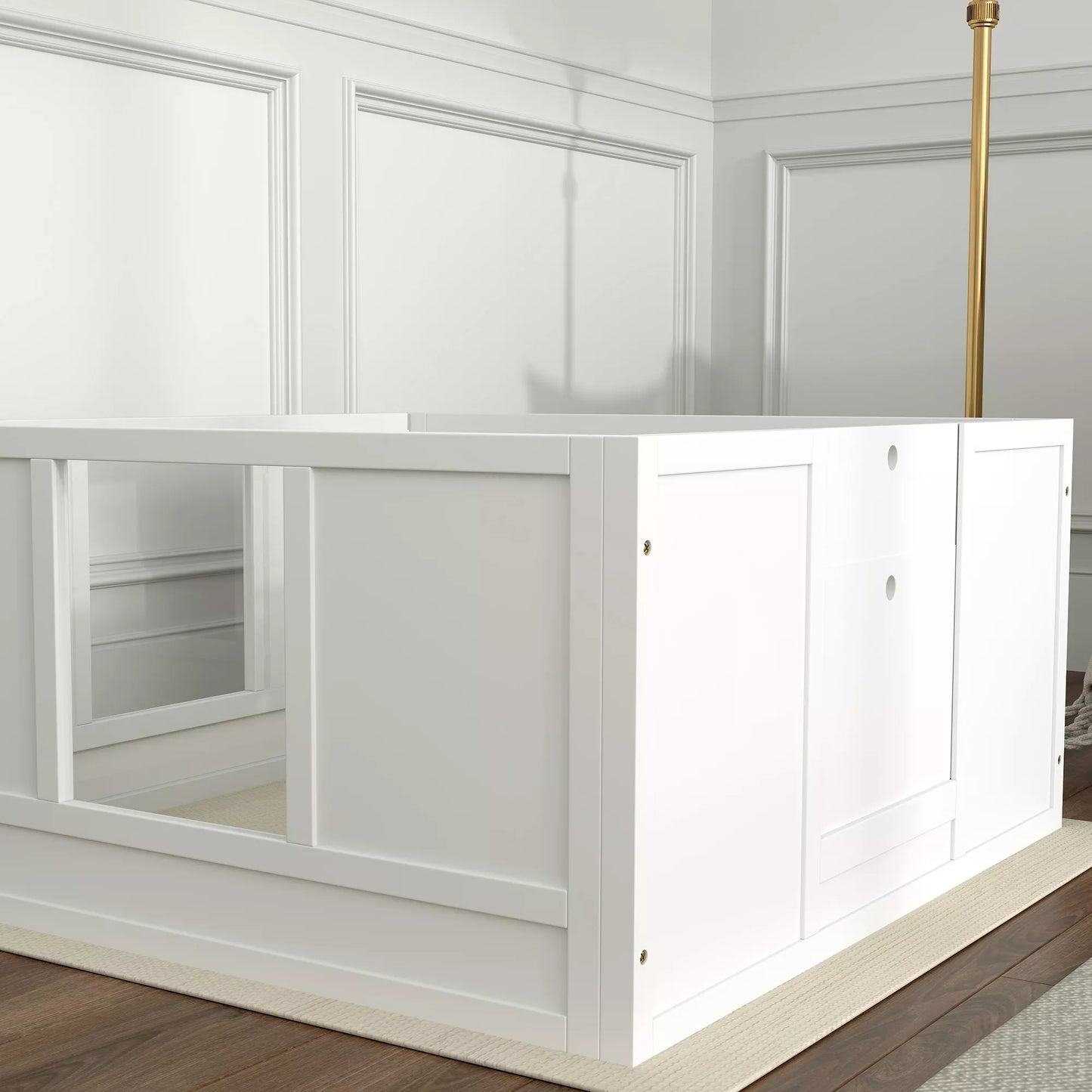 Kucēnu būris maziem un vidēja lieluma suņiem, kucēnu būris ar regulējamu ieeju, neslīdošiem kāju paliktņiem, balts