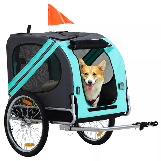 Gyvūnėlių priekaba šunims, dviračio priekaba iki 20kg, sulankstoma, su atšvaitu, apsauga nuo lietaus, plienas, pilka + žalia, 130 x 73 x 90cm