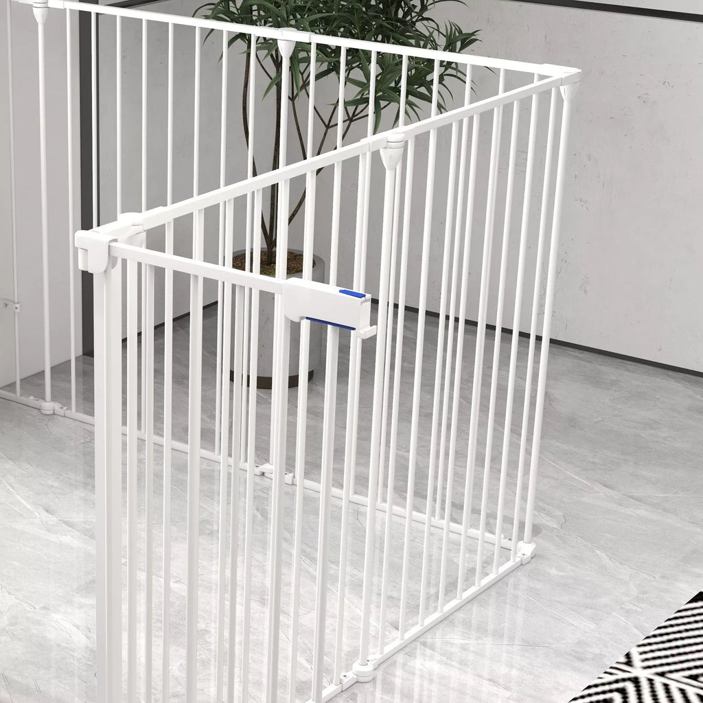 2-in-1 šuniukų aptvaras ir apsauginė tvorelė, 8 paneliai, užrakinamos durys, plienas, 90 cm aukštis, balta