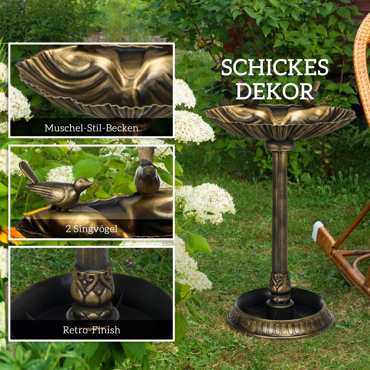 Paukščių girdykla, paukščių vonia su statulėlėmis, 2 baseinai, plastikas, senovinis stilius, 49,5L x 38B x 81H cm, bronzos spalvos