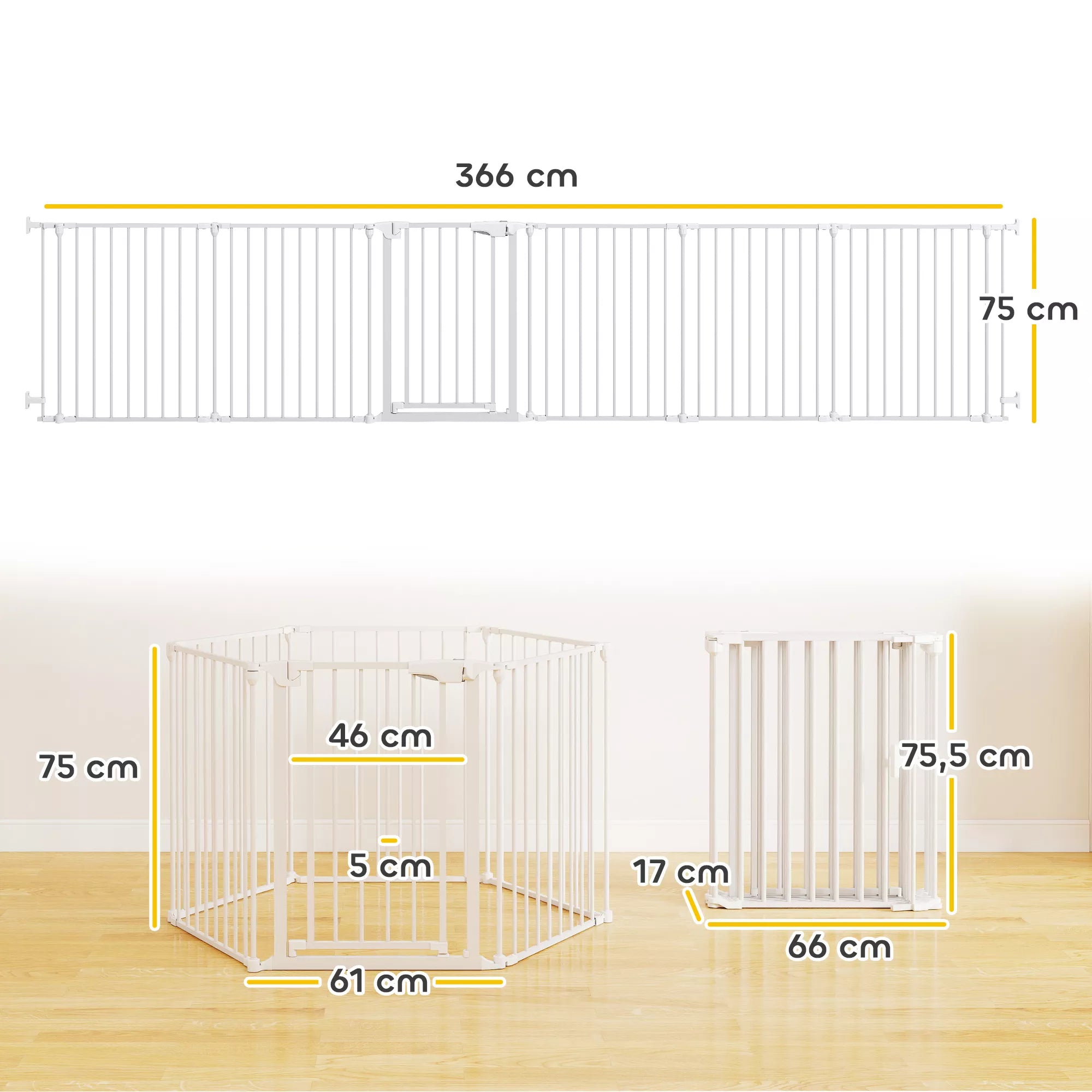 Naminių gyvūnėlių tvora, 6 panelių barjeras su durelėmis, sulankstomas, mažiem ir vidutinio dydžio šunims, plastikas, anglinis plienas, baltas