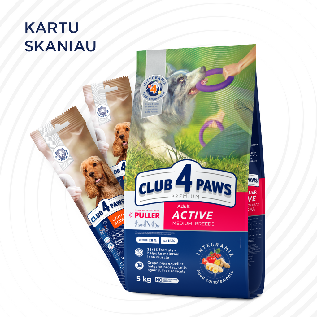 CLUB 4 PAWS Premium "active". Pilnvērtīga barība pieaugušiem aktīviem vidējās šķirnes suņiem
