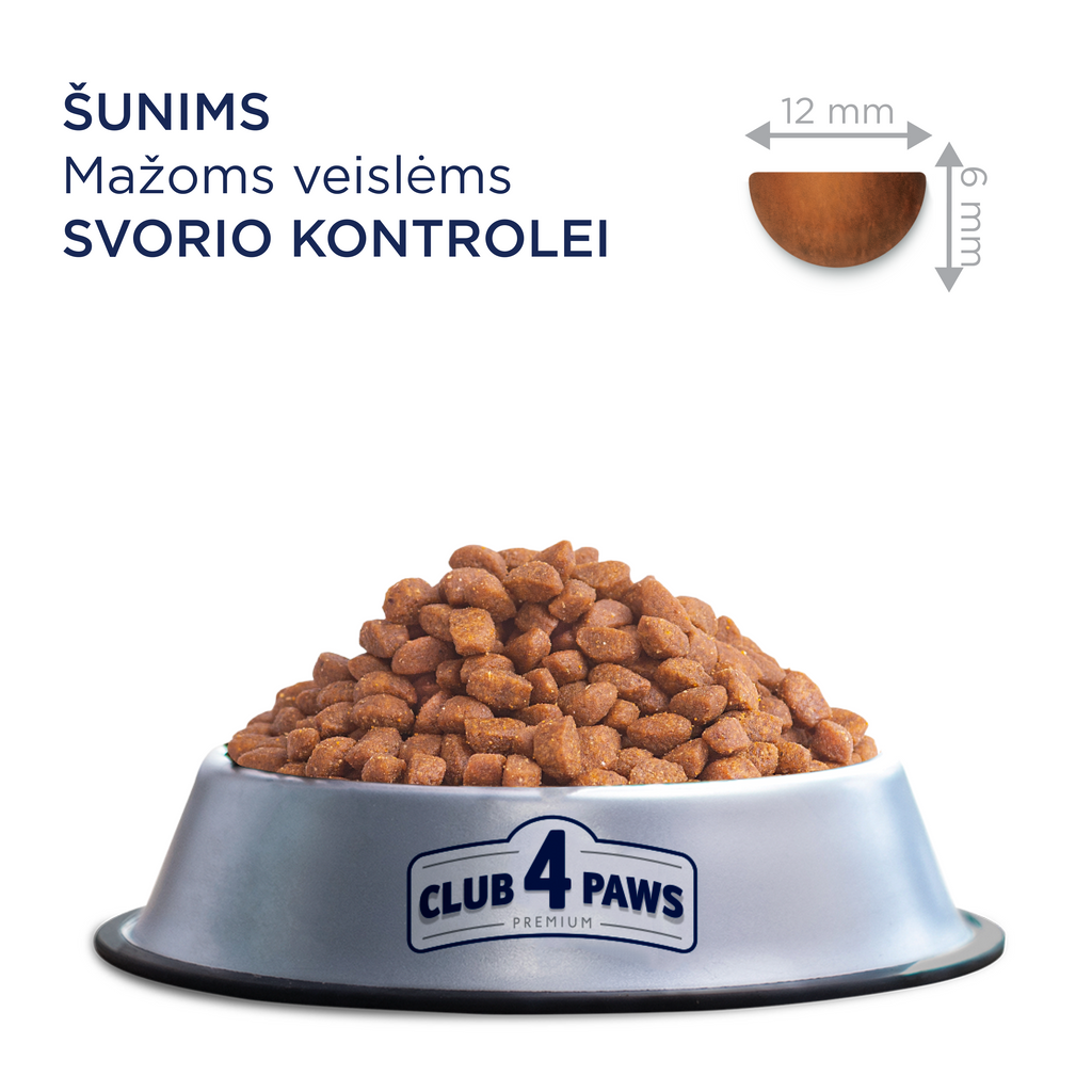 CLUB 4 PAWS Premium weight control. Pilnvērtīga sausā barība pieaugušiem mazu šķirņu, sterilizētiem un ar aptaukšanās risku. Ar augstu tītaru saturu.
