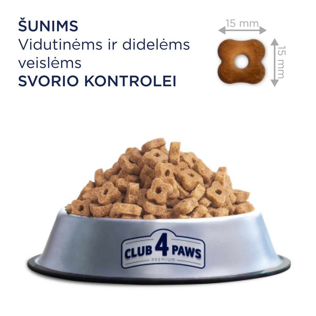 CLUB 4 PAWS Premium svorio kontrolė. Visavertis sausas pašaras suaugusiems vidutinių ir stambių veislių, sterilizuotiems ir turintiems polinkį į nutukimą šunims. Su dideliu kiekiu kalakutienos.