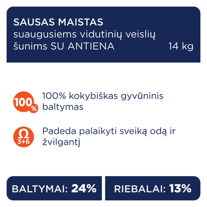 CLUB 4 PAWS PREMIUM VIDUTINIŲ VEISLIŲ SUAUGUSIEMS ŠUNIMS SU ANTIENA. VISAVERTIS SAUSAS PAŠARAS