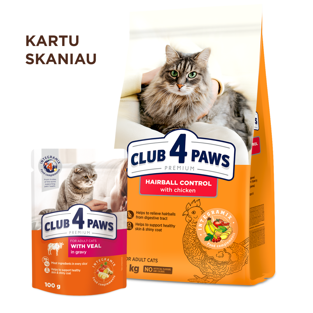 CLUB 4 PAWS Premium de-mulling pilnvērtīga barība pieaugušiem kaķiem