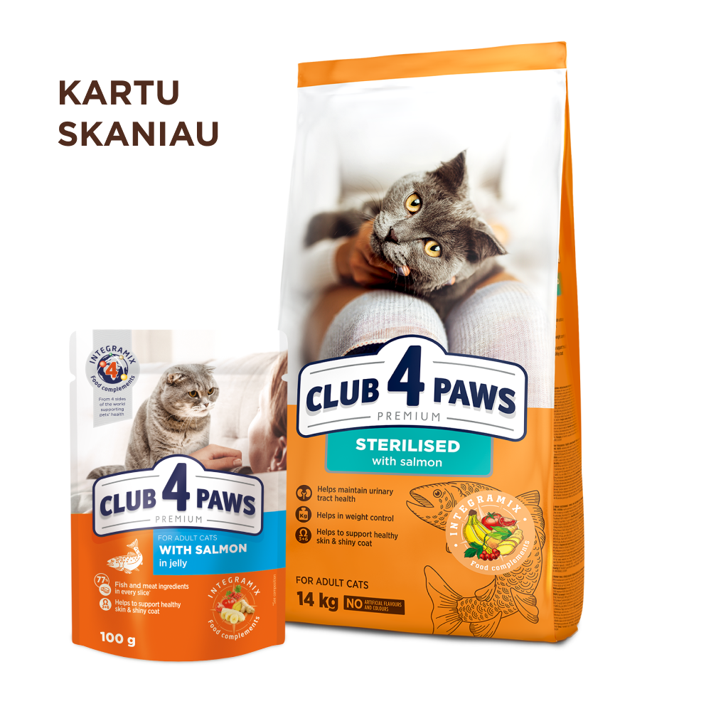CLUB 4 PAWS Premium su lašiša visavertis sausas pašaras suaugusioms sterilizuotoms katėms