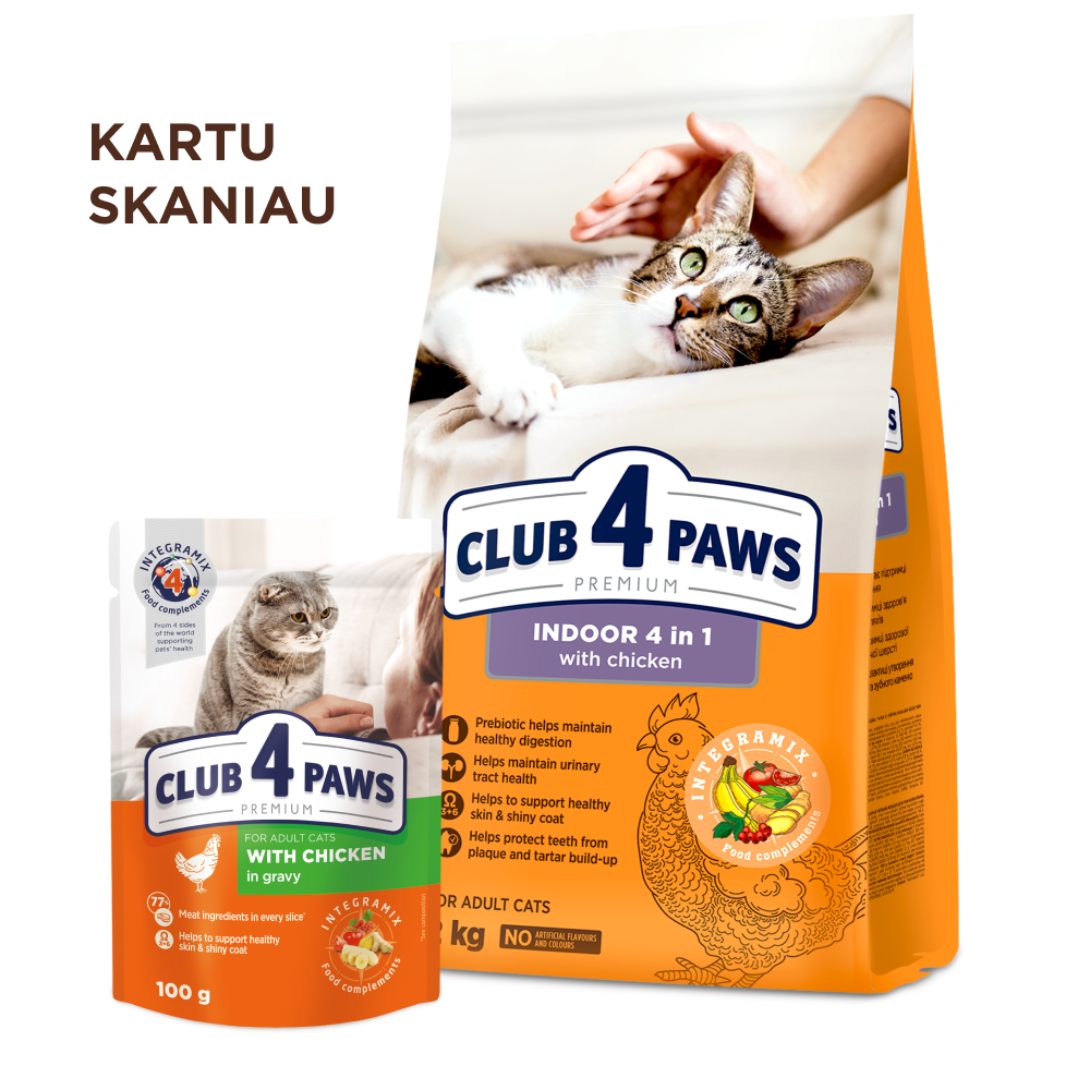 CLUB 4 PAWS Premium ar vistu kaķiem, kas dzīvo telpās "4 vienā". Pilnvērtīga sausā barība pieaugušiem kaķiem
