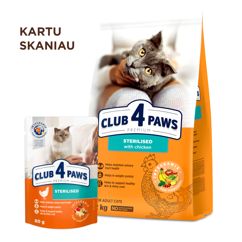 CLUB 4 PAWS Premium su vištiena visavertis pašaras suaugusioms sterilizuotoms katėms