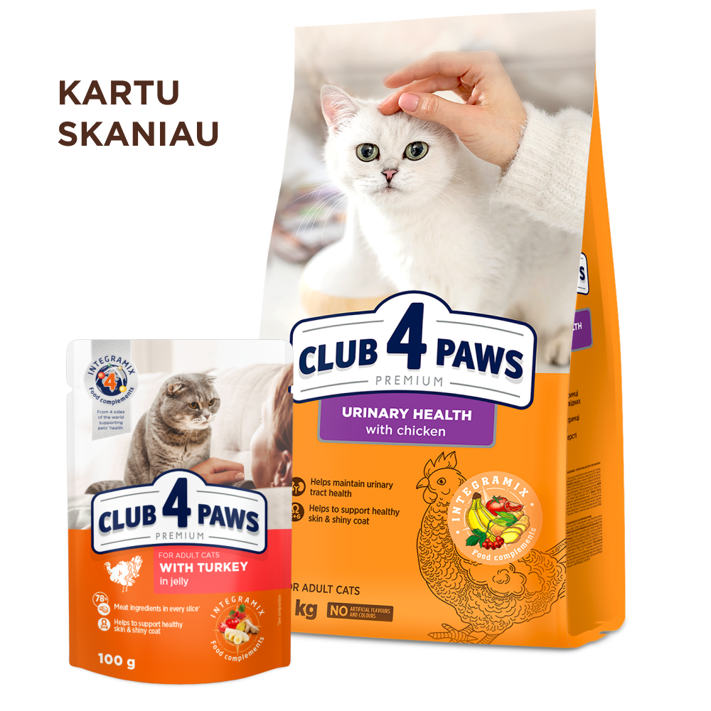 CLUB 4 PAWS Premium urīnsistēmas veselībai. Pilnvērtīga sausā barība pieaugušiem kaķiem