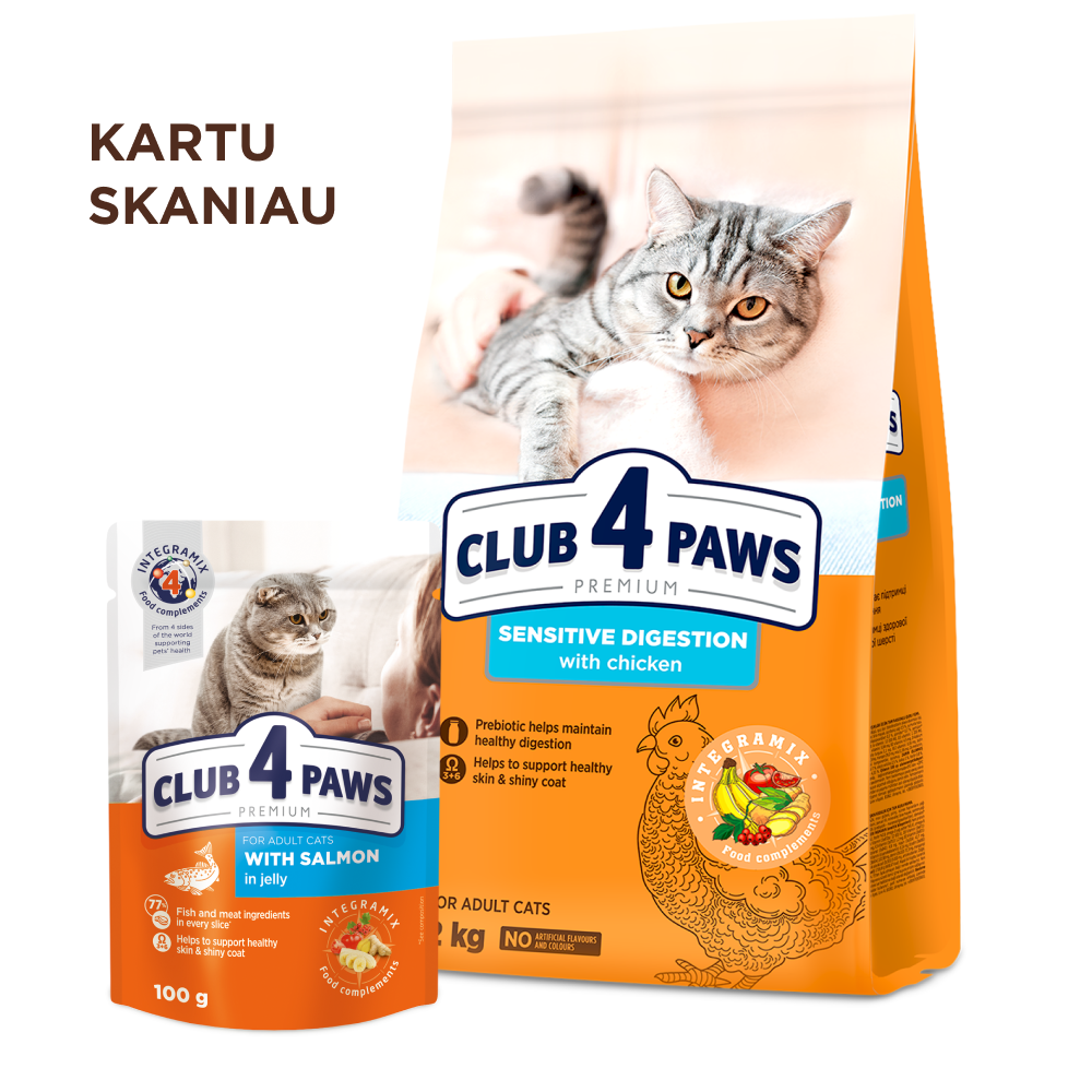 CLUB 4 PAWS Premium jutīgam gremošanas traktam. Pilnvērtīga barība pieaugušiem kaķiem