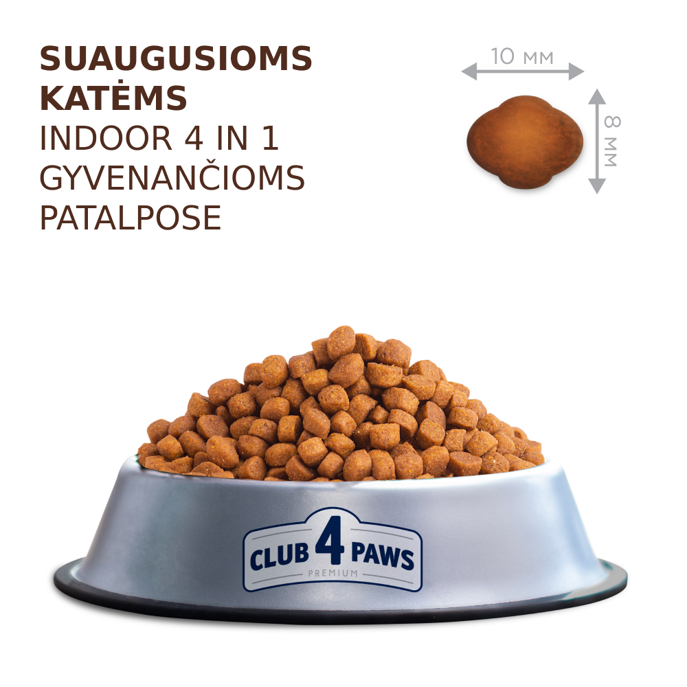 CLUB 4 PAWS Premium su vištiena katėms, gyvenančioms patalpose "4 viename". Visavertis sausas pašaras suaugusioms katėms